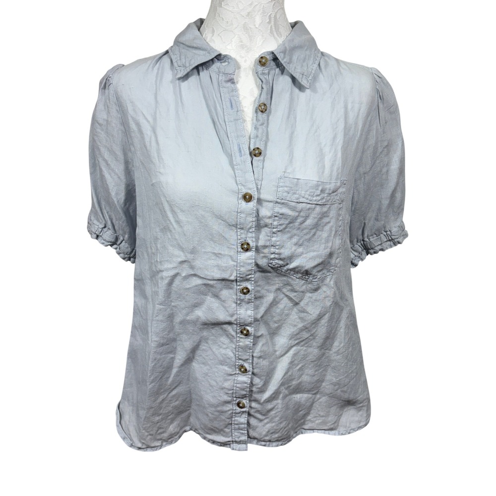 Pilcro Blue Linen Shorts Sleeve Ruffle Cuff Button Up Shirt Blouse Top Womens S